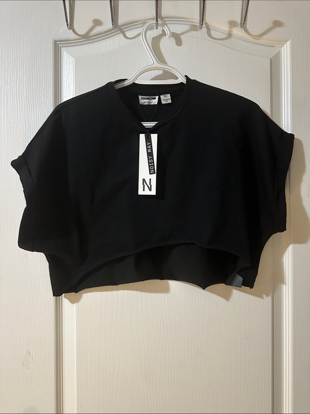 Noisy May Black Cropped Boxy Tee with Rolled Sleeves